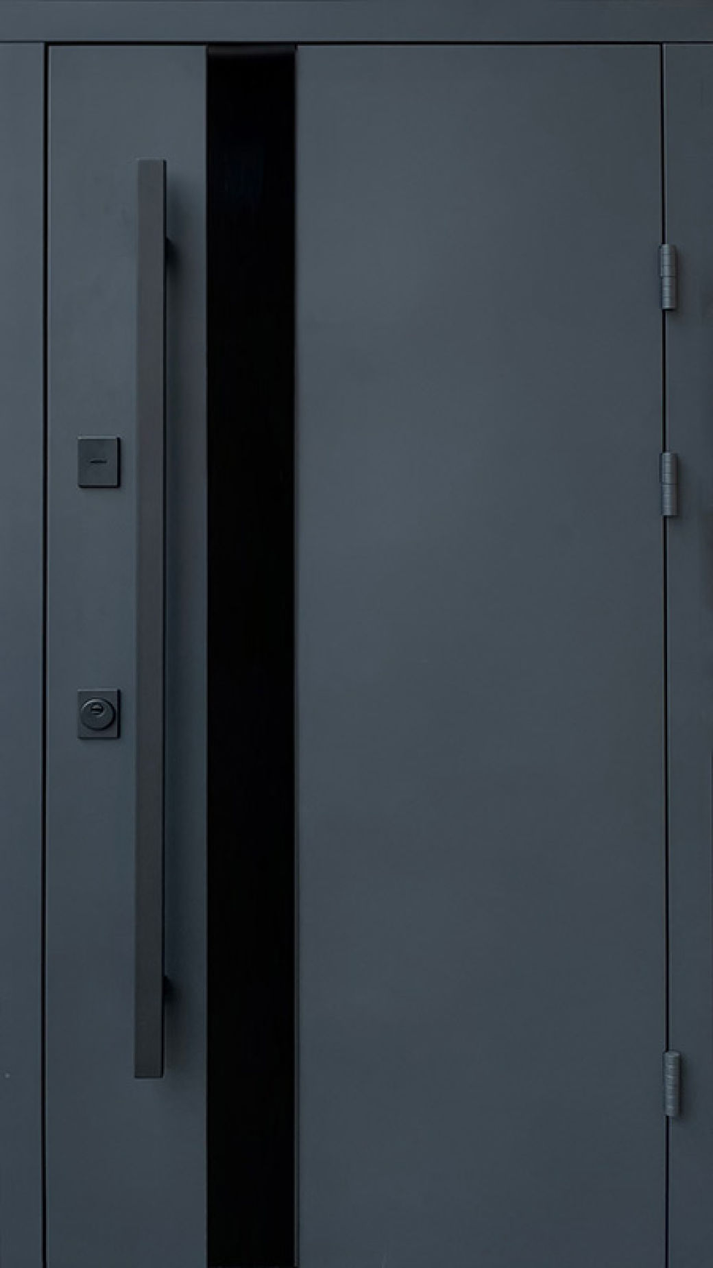 Вхідні двері Qdoors, колекція Стріт, Елегант вулиця, метал Антрацит 7021 фарба, декор лакобель,ручка труба квардат чорна 1450 мм