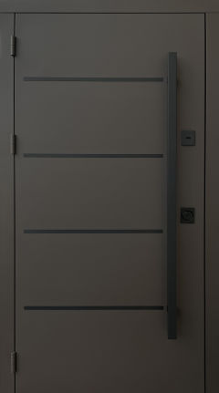 Вхідні двері Qdoors, колекція Стріт, Горизонталь вулиця, метал пісок 8019 фарба, декор молдинг, ручка труба квардат чорна 1450 мм