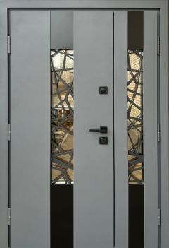 Вхідні двері Qdoors, колекція СТРОНГ, ПЛАЗА, ВУЛИЦЯ 3 контура з ОЦИНКОВАНИМ металом на полотні,  антрацит пісок/ антрацит vin, 1200 з 1 ковкою на основній створці+склопакет на 
штульповій.