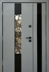 Вхідні двері Qdoors, колекція СТРОНГ, ПЛАЗА, ВУЛИЦЯ 3 контура з ОЦИНКОВАНИМ металом на полотні,  антрацит пісок/ антрацит vin, 1200 з 1 ковкою на основній створці+чорний декор 
на штульповій (склад)